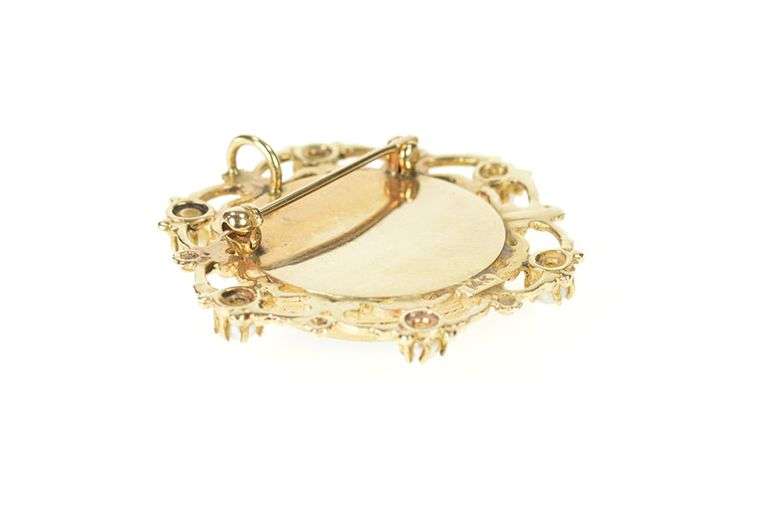 14K Yellow Gold Ornate Victorian Painted Lady Pearl Scroll Pendant/Pin