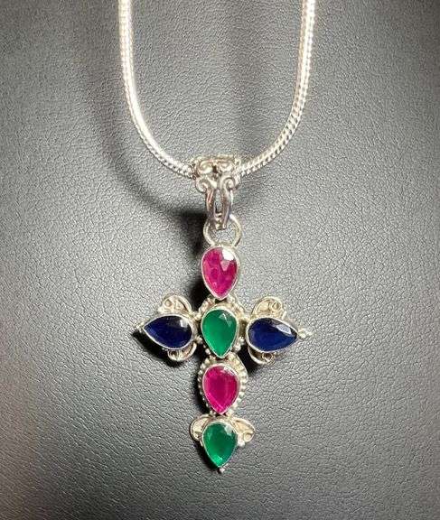 GORGEOUS 8.47 CT SAPPHIRE CROSS PENDANT WITH EMERALD AND RUBY ACCENT STONES