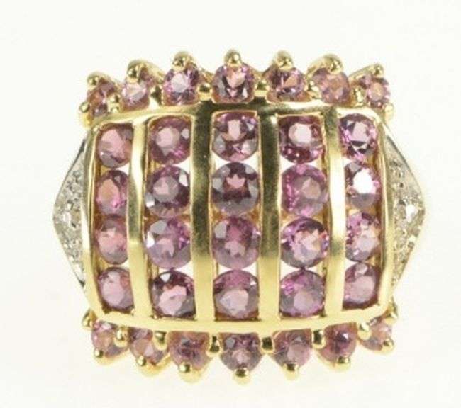 10K Yellow Gold Squared Pink Topaz Ornate Diamond Cluster Ring