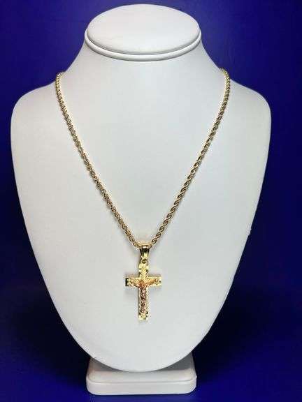 14 Kt Plated Rose Gold and Yellow Gold. Two Tone Rose Gold and Yellow Gold Jesus Cross Pendant Necklace