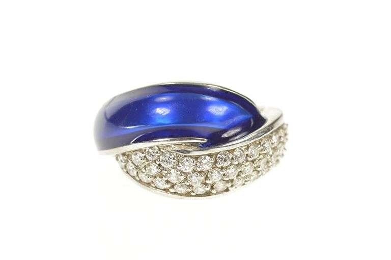 14K White Gold 0.85 Ctw Pave Diamond Blue Enamel Statement Ring