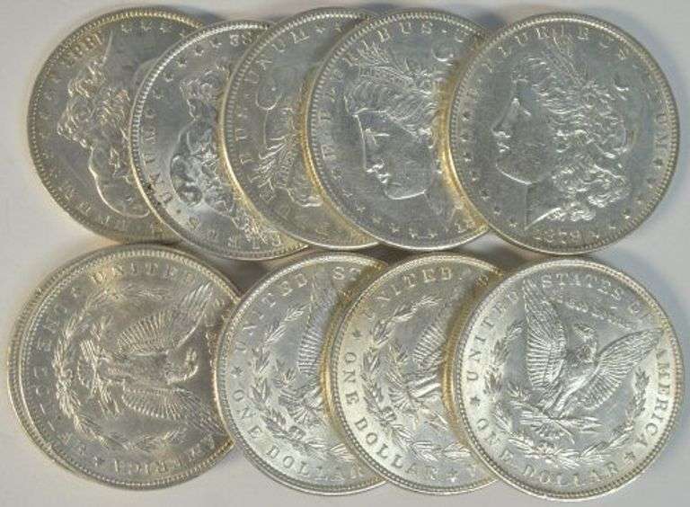 10 Great AU+ 19th Century Morgan Silver Dollars 1879 to 1888