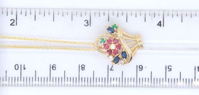 Amazing Yellow Gold Multi Gemstone Basket of Flowers Pendant on Chain
