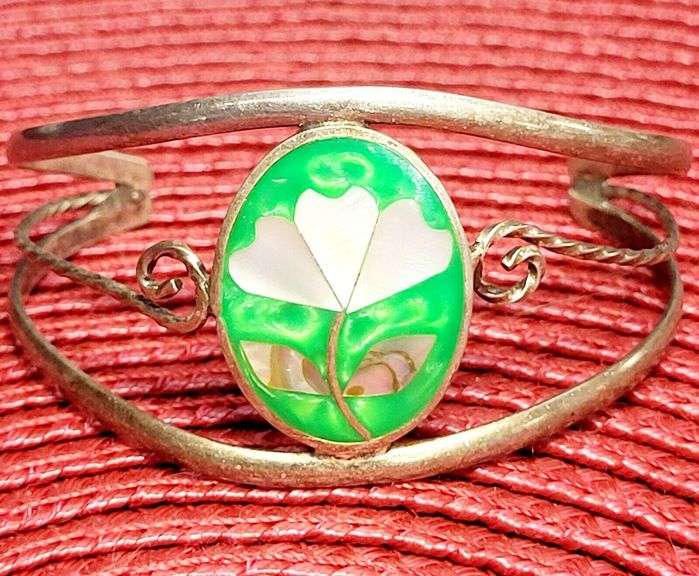 Hand Crafted Vintage Alpaca Mexico Silver Inlayed Cuff Bracelet