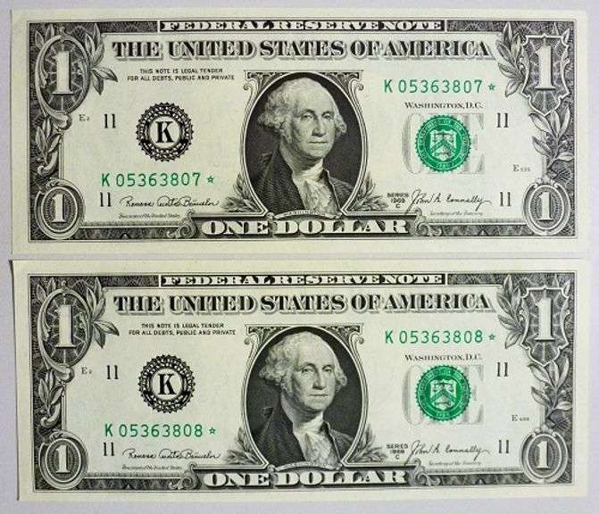 (2) Crisp Exceptional 1969C $1 Star Notes Dallas Consecutive Serial Numbers!