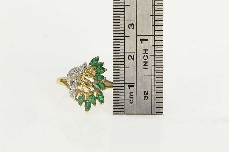 10K Yellow Gold Marquise Emerald Diamond Cluster Ring