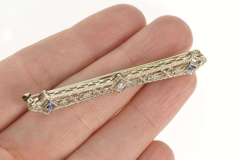 14K White Gold Art Deco Floral Filigree Diamond Sapphire Pin/Brooch