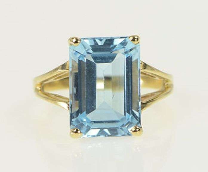 10K Yellow Gold Emerald Cut Blue Topaz Statement Ring