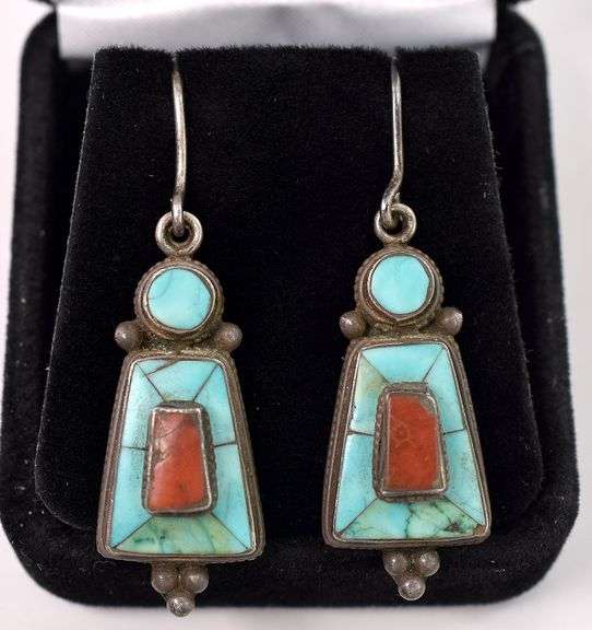 Sterling Silver Turquoise and Coral Dangle Earrings