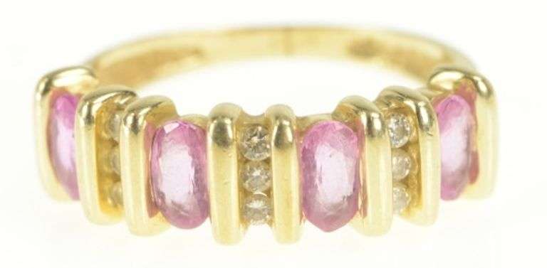 14K Yellow Gold 1.10 Ctw Oval Pink Sapphire Diamond Band Ring