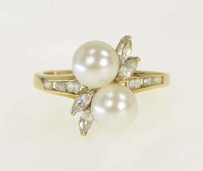 10K Yellow Gold Cultured Pearl CZ Vintage Bypass Ring