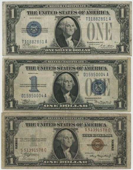 3 Diff. $1 Silver Certificates: 1928-A, 1934, & 1935-A Hawaii