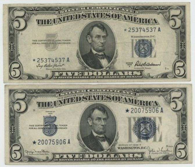 Pair of $5 Blue Seal Silver Certificate STAR notes: 1934 & 1953