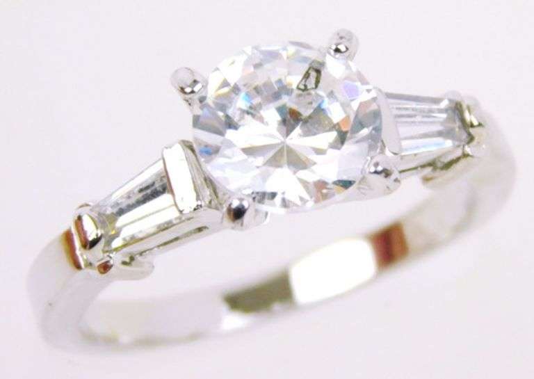 14K White Gold Large Cubic Zirconia Ring, Size 8