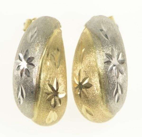 10K Yellow Gold Diamond Cut Two Tone Curved Statement Earrings