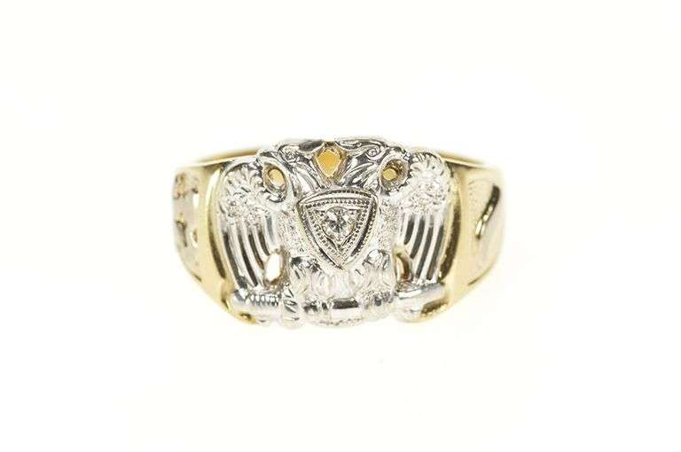 10K Yellow Gold Ornate Diamond Men's Masonic Eagle Ring