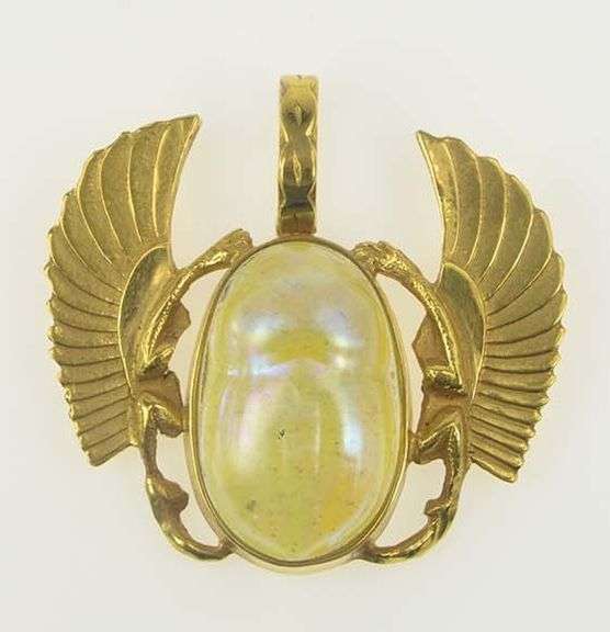 14K Yellow Gold Iridescent Glass Scarab Egyptian Life Symbol Pendant