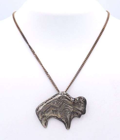 Vintage 925 Sterling Silver Buffalo Pendant Brooch on Chain Necklace