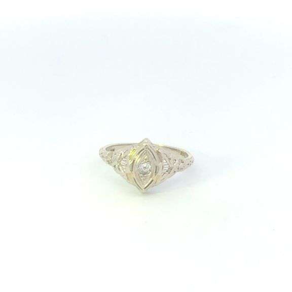 18K White Gold Diamond Art Deco Promise Vintage Filigree Ring