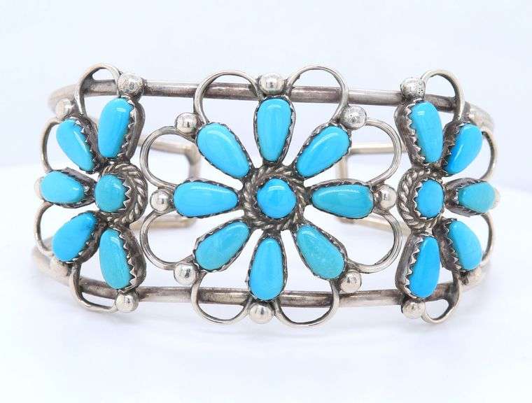 Vintage 925 Sterling Silver Signed Turquoise Flower Style Cuff Bangle