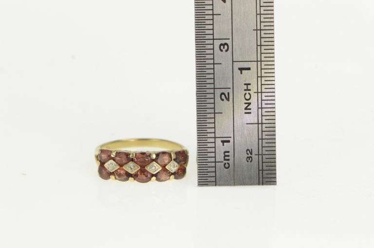 10K Yellow Gold Oval Garnet Diamond Squared Cluster Ring