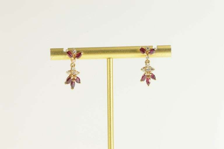 14K Yellow Gold Marquise Ruby Dangle Diamond Accent Earrings