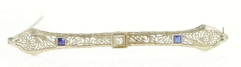 14K White Gold Art Deco Filigree Diamond Syn. Sapphire Pin/Brooch