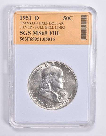 MS69 FBL 1951-D Franklin Silver Half Dollar Full Bell Lines SGS