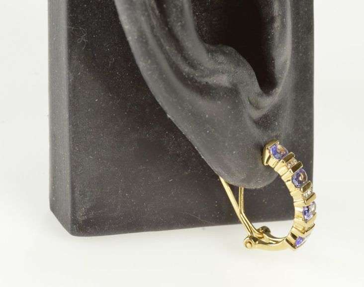 14K Yellow Gold Oval Tanzanite Diamond Inset Semi Hoop Earrings