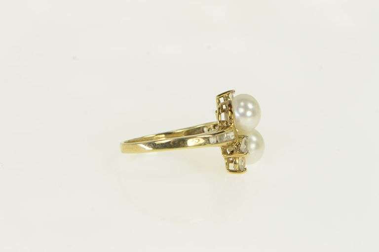 10K Yellow Gold Cultured Pearl CZ Vintage Bypass Ring