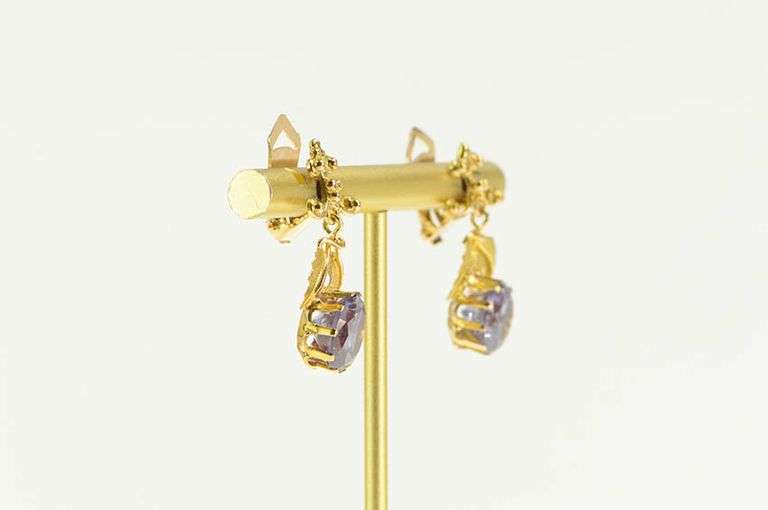 14K Yellow Gold Victorian Amethyst Leaf Dangle Clip Back Earrings