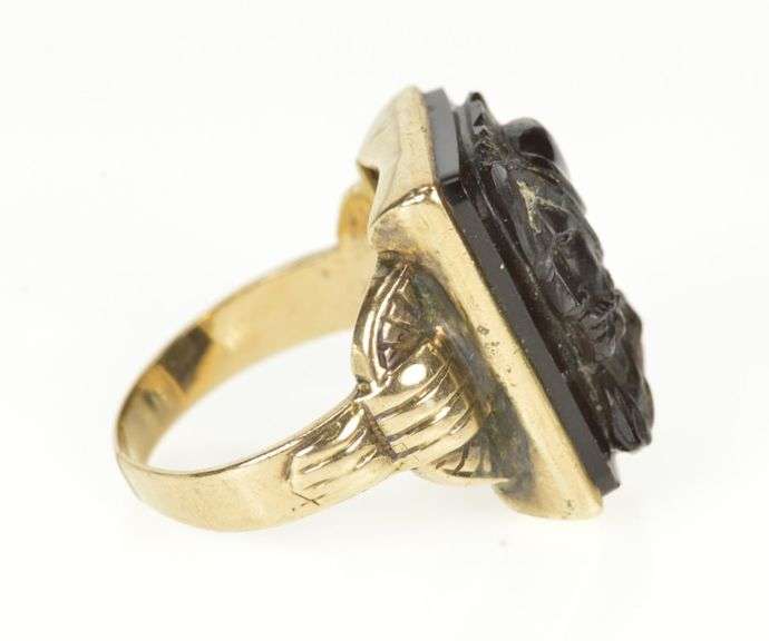 10K Yellow Gold Carved Soldier Black Onyx Cameo Statement Ring