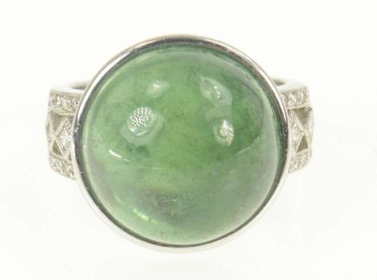18K White Gold 17.48 Ctw Natural Green Tourmaline Diamond Ring