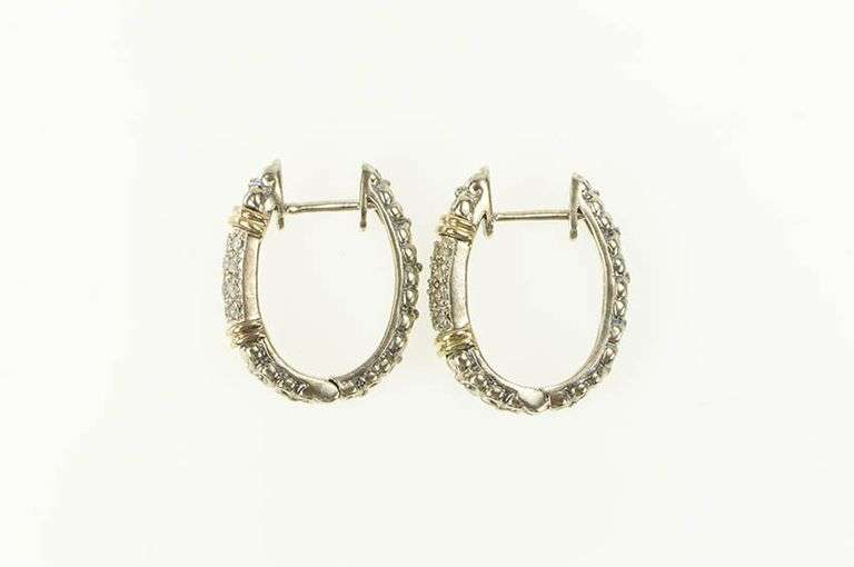 Sterling Silver Two Tone Pave Diamond Oval Hoop Earrings