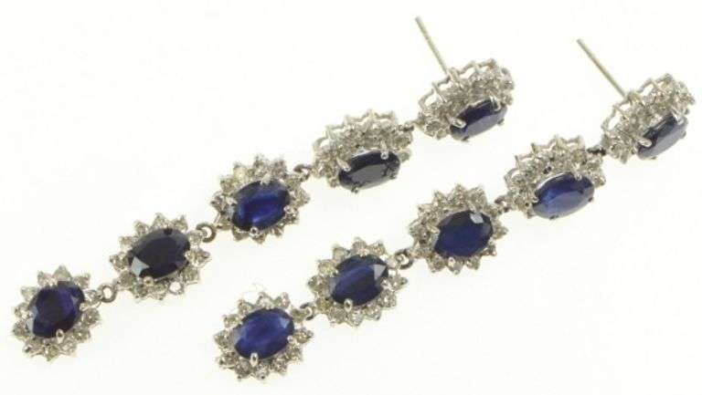14K White Gold 3.75 Ctw Sapphire Diamond Halo Dangle Earrings