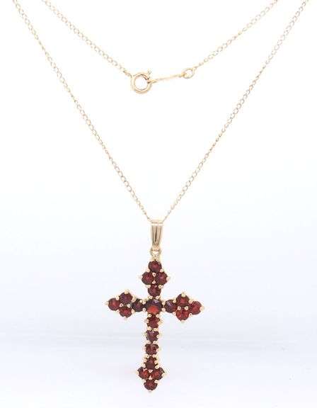 Divine Yellow Gold Garnet Cross Pendant on Chain Necklace