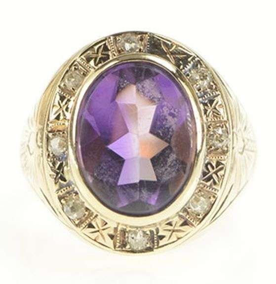14K Yellow Gold Art Deco Amethyst Diamond Halo Etched Ring