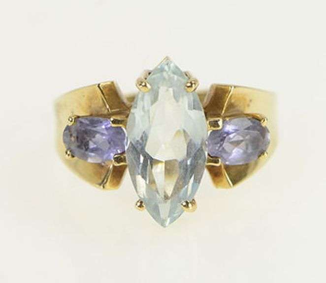 10K Yellow Gold Marquise Blue Topaz Tanzanite Cocktail Ring