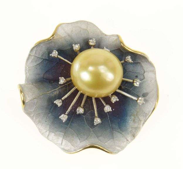 18K Yellow Gold Designer Pearl Diamond Lily Pad Leaf Pendant/Pin