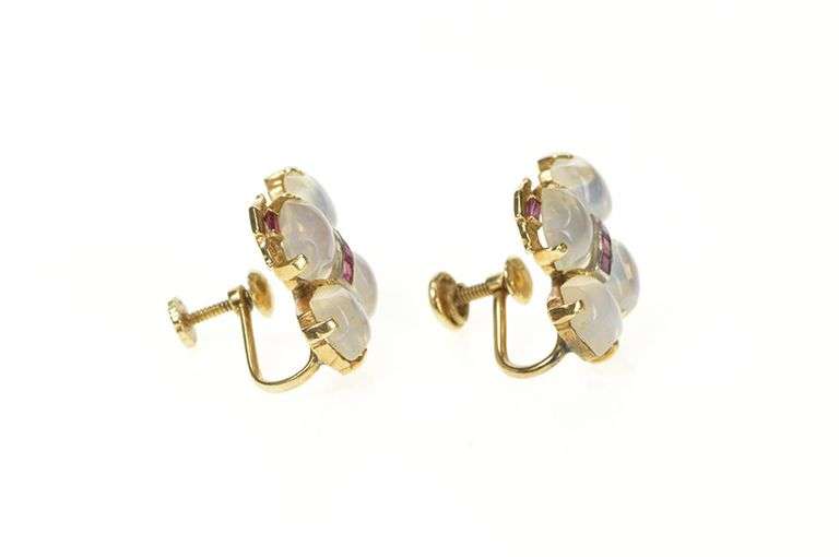 14K Yellow Gold 1930's Moonstone Ruby Clover Screw Back Earrings