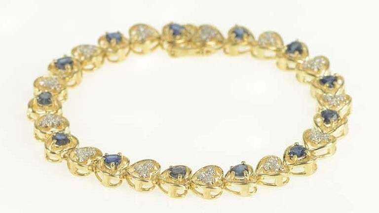 10K Yellow Gold 3.90 Ctw Heart Natural Sapphire Diamond Bracelet