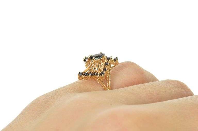 14K Yellow Gold Marquise Sapphire Squared Swirl Statement Ring