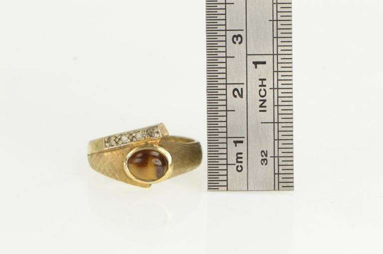10K Yellow Gold Tiger's Eye Diamond Retro Vintage Ring