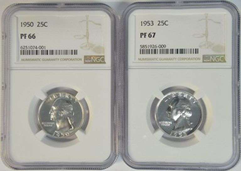 1950 & 1953 Superb Gem Proof Washington Quarters. NGC PF66 & 67