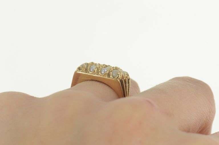 14K Yellow Gold Retro Squared Sim Pearl Cluster Statement Ring