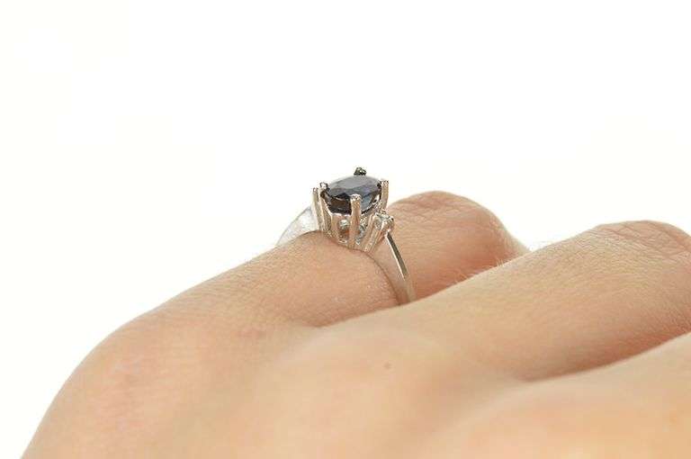 10K White Gold Oval Sapphire Diamond Accent Engagement Ring