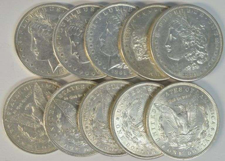 Great Assortment of 10 flashy AU+ Morgan Silver Dollars 1881-S to 1904-O
