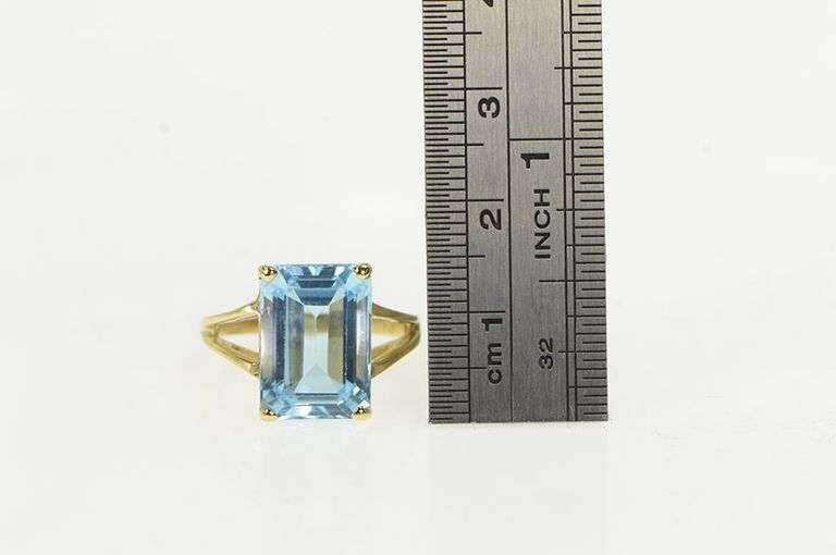 10K Yellow Gold Emerald Cut Blue Topaz Statement Ring