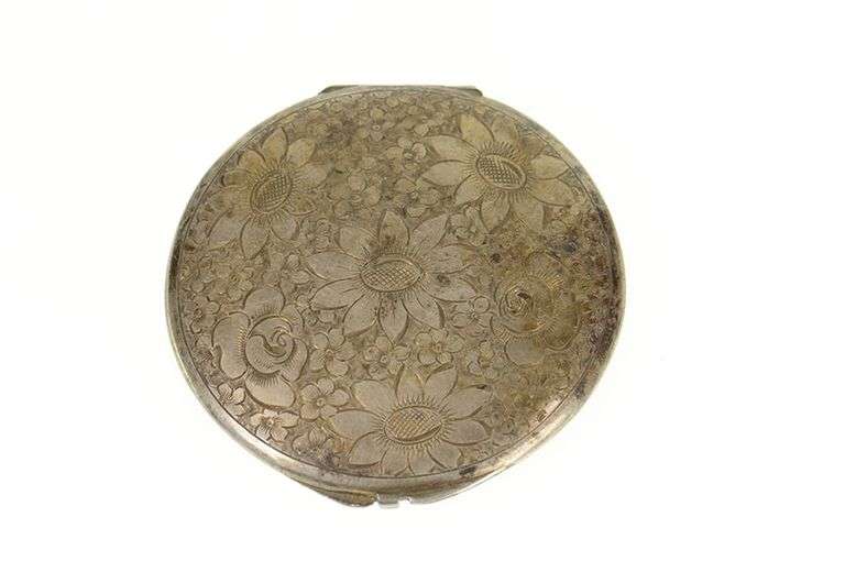 800 Silver Etched Ornate Sunflower Round Mirror Compact