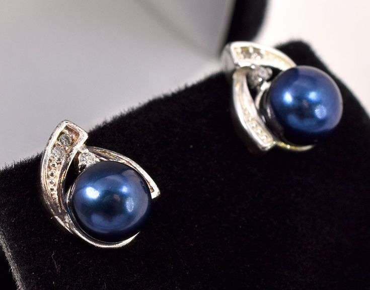 Sterling Silver Blue Pearl and CZ Gem Stud Earrings